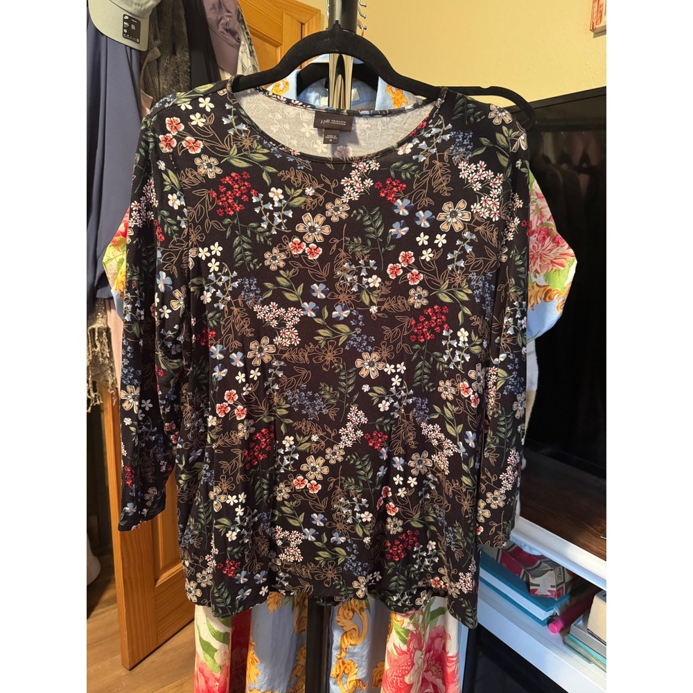 J. Jill Wearever Floral Print 3/4 Sleeve Scoop Neck Knit Top Black Medium